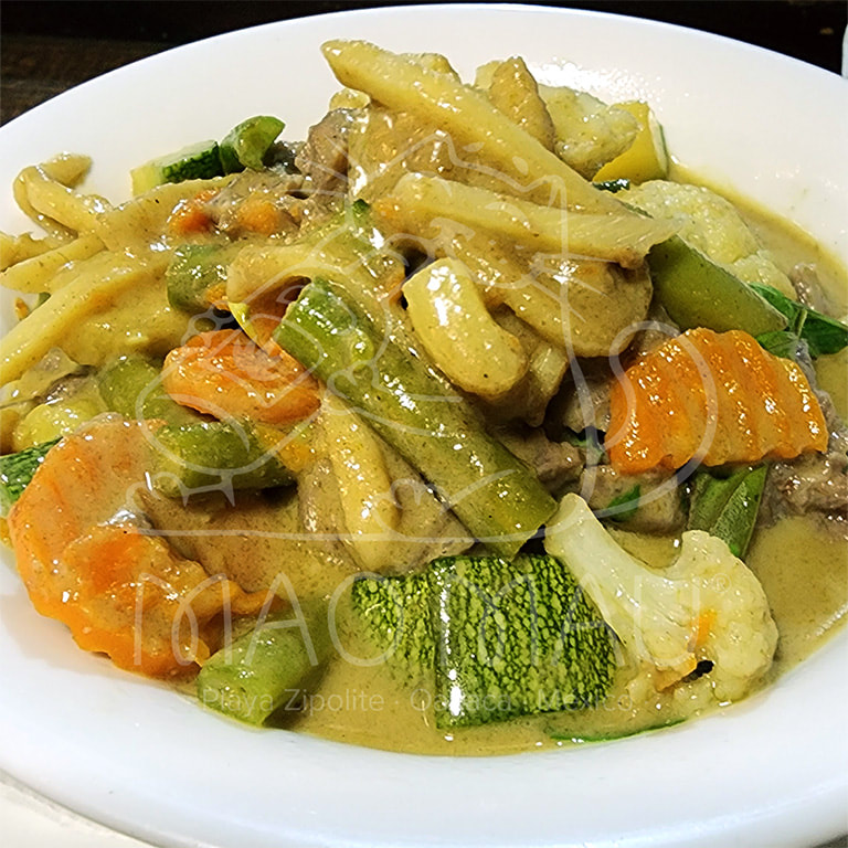 Green Curry*** - Green chili coconut curry with bamboo shoots, mixed vegetables & basil: with only vegetables (v), with silken tofu (v) , with chicken, sliced beef, or shrimp